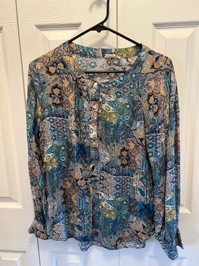Women's Long-Sleeve Printed Blouse in Teal Multi